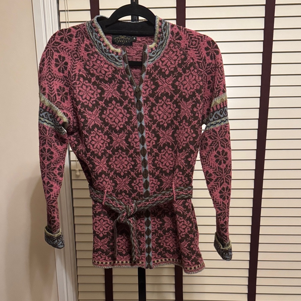 Icelandic Designs Pink and Brown Belted Cardigan - Size XL